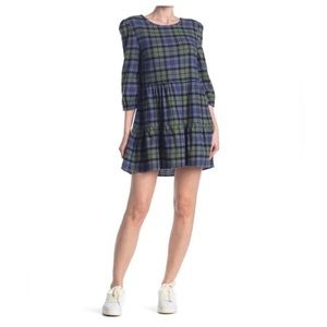 New! Abound flannel tiered plaid 3/4 sleeve dress, cotton, women's small